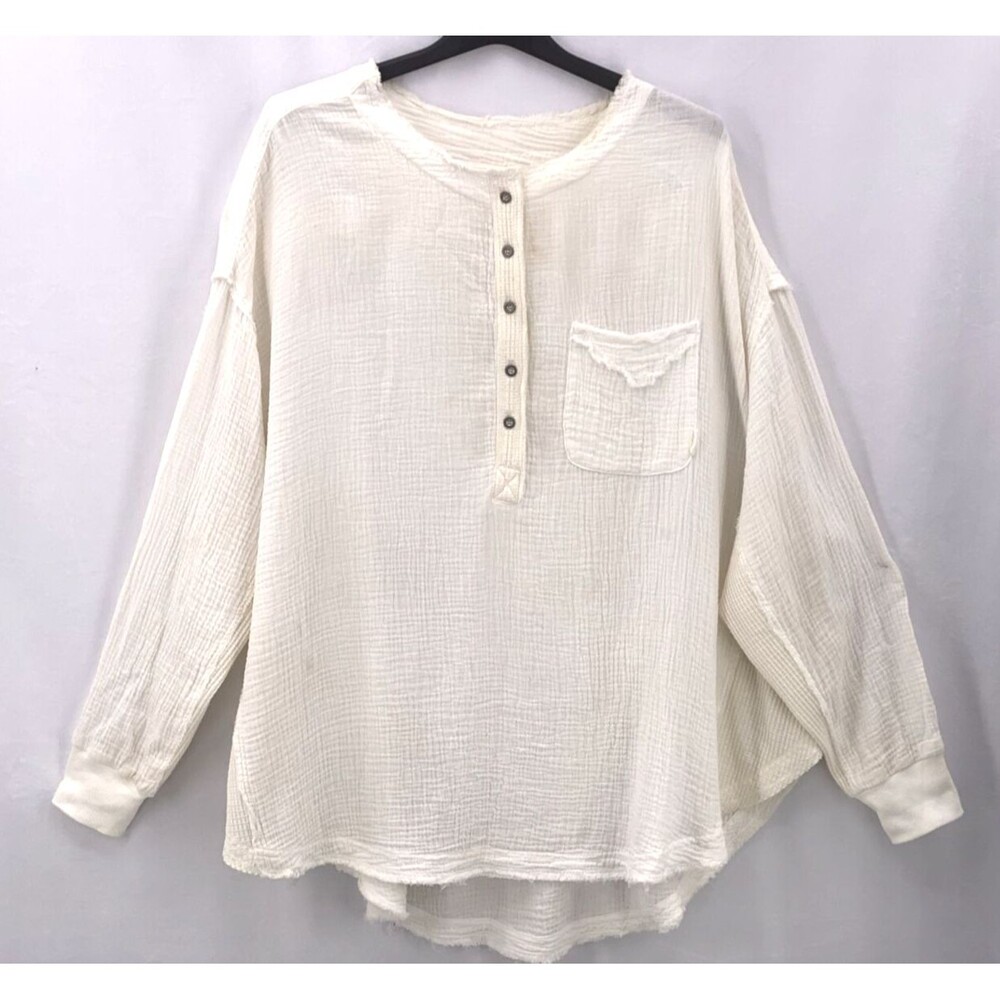 We The Free People Oversize Top M Cream Cotton Button Fray Pillowy Cover Up